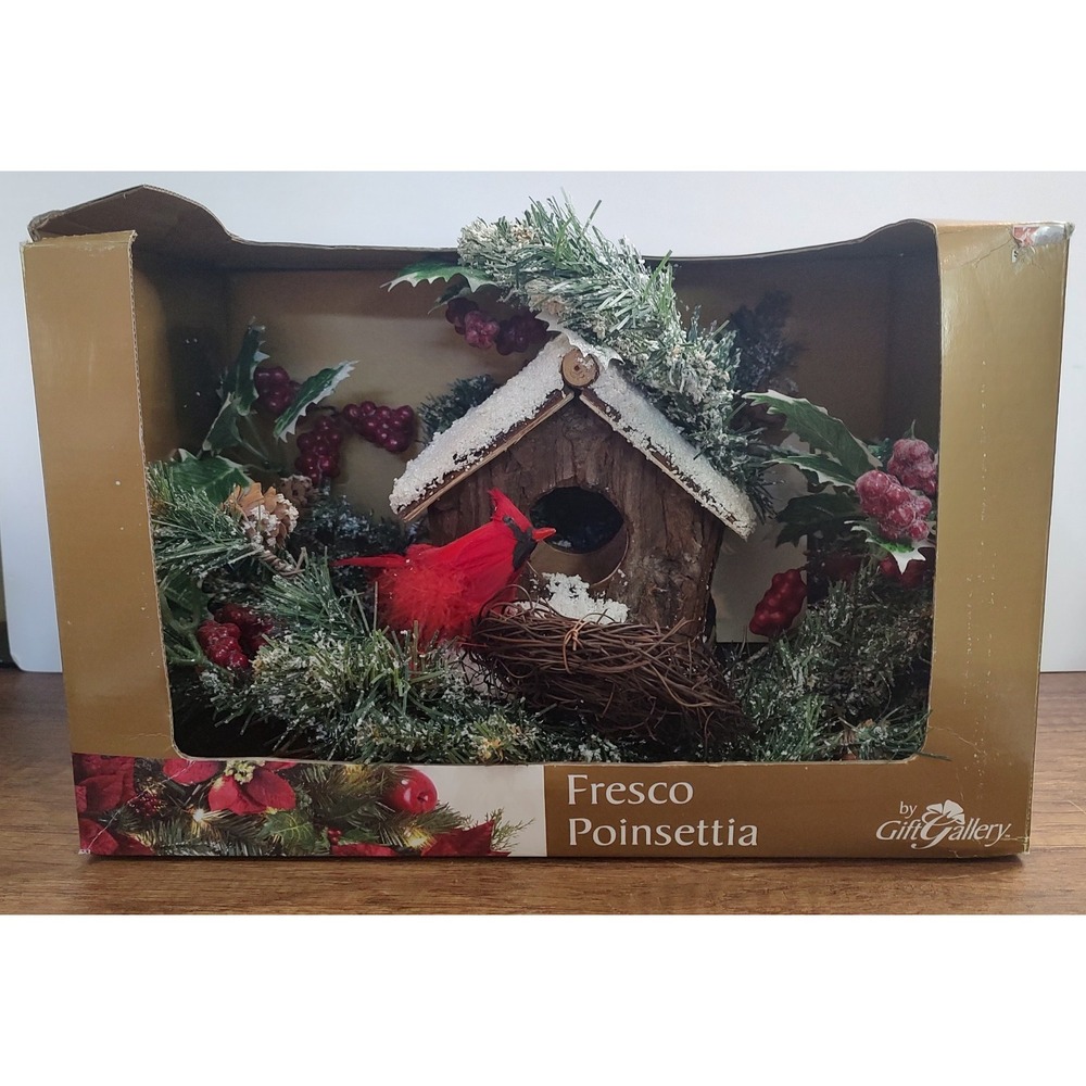 NOS Fresco Poinsettia by Gift Gallery Cardinal Birdhouse Winter Holiday Decor